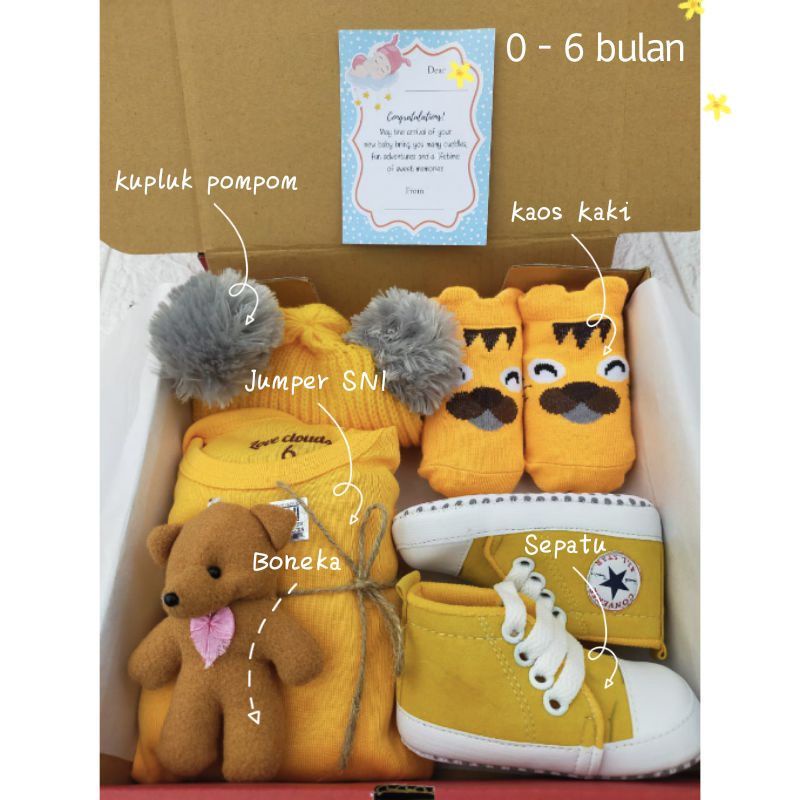 Hampers Bayi Newborn Baby Gift Set Unisex Kado Kelahiran Parcel Bayi Laki-laki Perempuan + Extra Kardus-Premium Kuning Tua