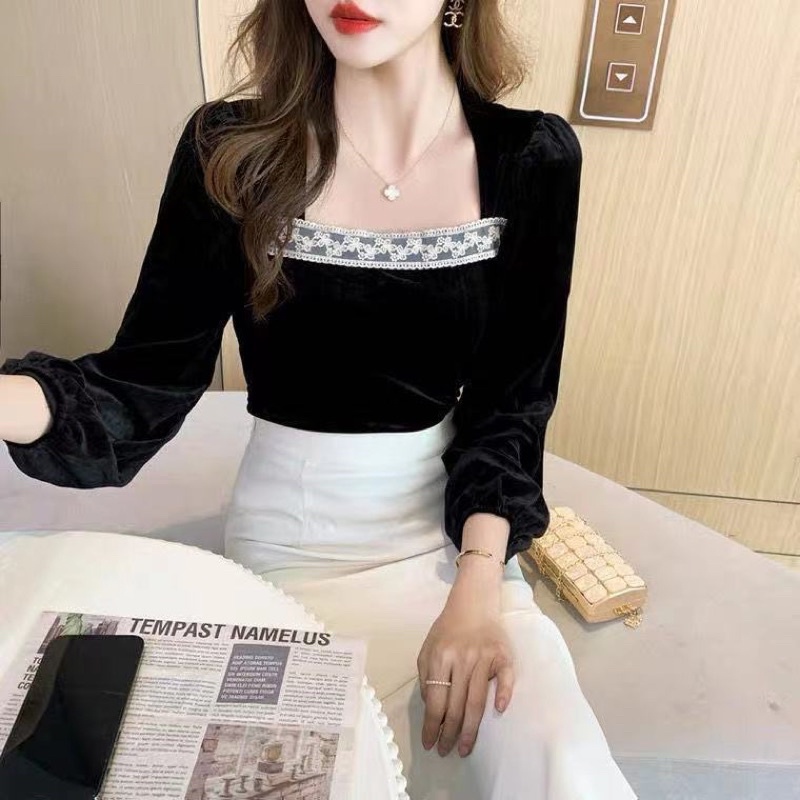 H7 B1378 Korean velvet top variasi brukat leher kotak / Atasan lengan panjang