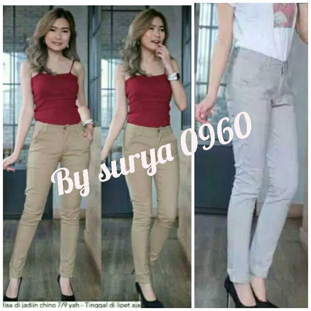 CELANA CHINO WANITA BAHAN STREET MOCCA, HITAM, KREM, CAPPUCINO, ABU TUA