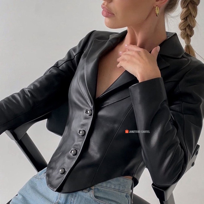 JNK x GEO - Jaket Wanita Blazer PU Leather Jacket Shirt Black Bahan Semi Kulit Sintetis Viena Faux Synthetic Premium Original Genuine Elegan Style Streetwear New Fashion Women Long Sleeved Single Breasted Suit Collar Slim Cardigan Ladies Cewek Remaja 2023