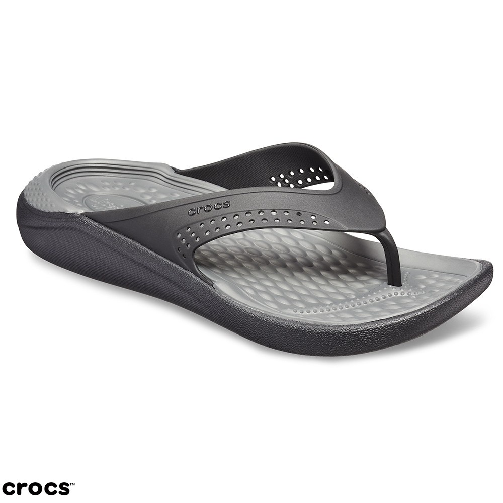 Crocs Literide Jepit / Sandal Unisex / Sandal Pria / Sandal Wanita - Grey Black 205182-0DD