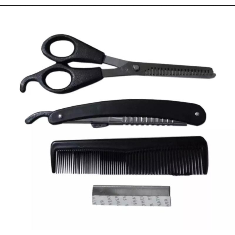 Gunting Potong Rambut Set 4 Pcs Pink Gunting Sasak + Cukur Lipat Set + Sisir Zigzag Shaggy / Combi + Scissors