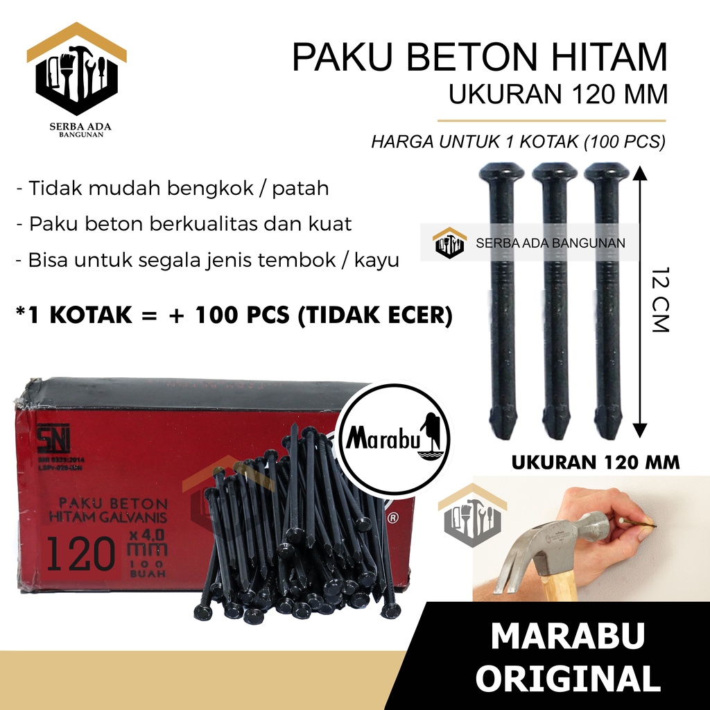 PAKU BETON SIZE 120 / 12 CM MARABU HITAM GALVANIS HARGA 1BOX (100PCS) TERMURAH KOMPLIT