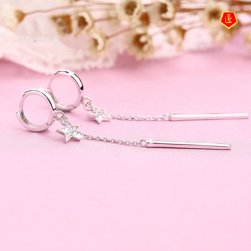 [Ready Stock]Female Silver Pentagram Earrings Tassel Elegance Fashion