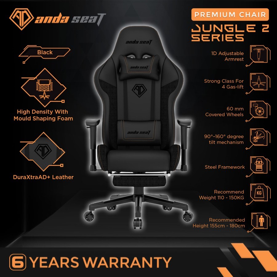 Kursi Gaming AndaSeat Jungle 2 Series dengan Footrest - Hitam