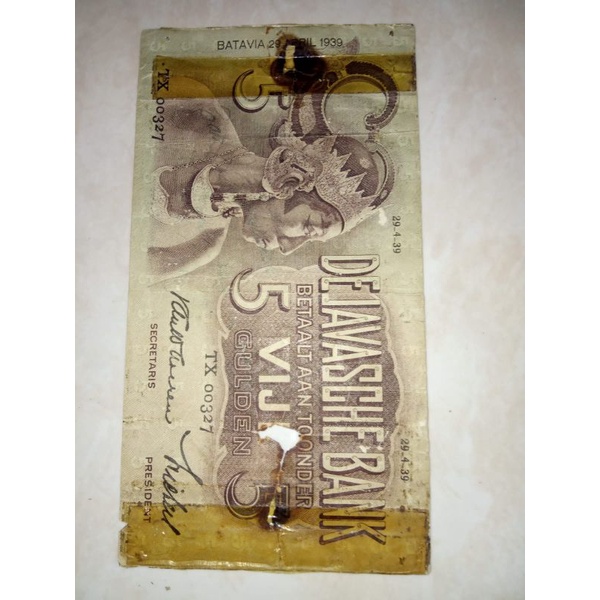 5 Gulden Seri Wayang 1939 Kondisi sesuai poto lubang,isolasi Rp50.000