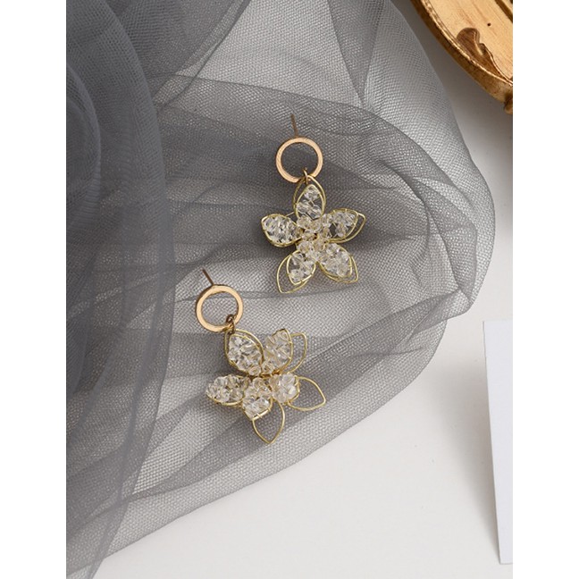 LRC Anting Tusuk Fashion Gold Coloren Hollow Crystal Flower Earrings P13229