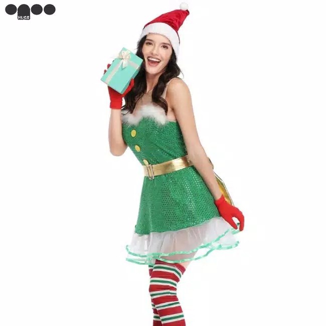Baju Tidur - Ori Import Dress Costume Natal Christmas Gown Fur Elf Sexy Lingerie