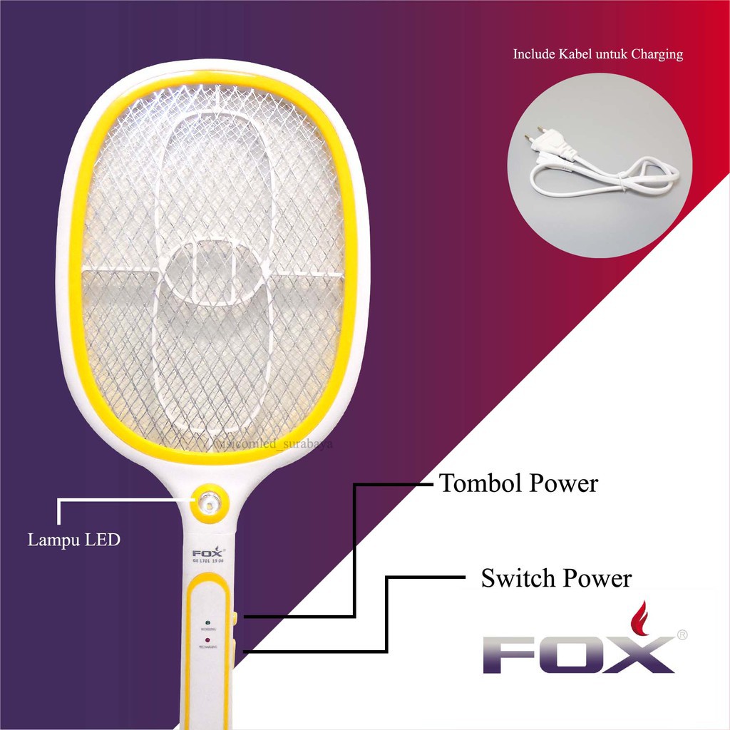 RAKET NYAMUK FOX GE GF1701 WITH LED SENTER SETRUM NYAMUK RECHARGEABLE