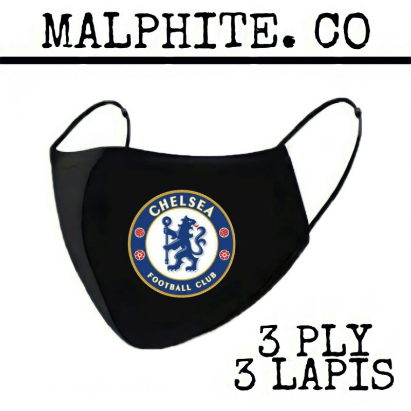 Masker Kain 3 Lapis 3 Ply Scuba Hijab Motif Logo Gambar Klub Club Bola CHELSEA 3ply Earloop Headloop