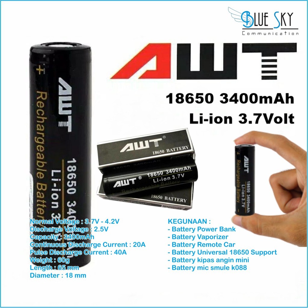 BATERAI BATTERY 18650 AWT 3400 MAH