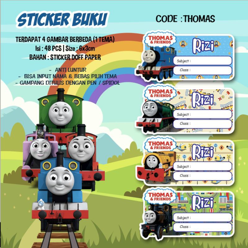 Sticker / Stiker Buku Custom Nama Karakter Tema THOMAS / THOMAS THE TRAIN / THOMAS & FRIENDS