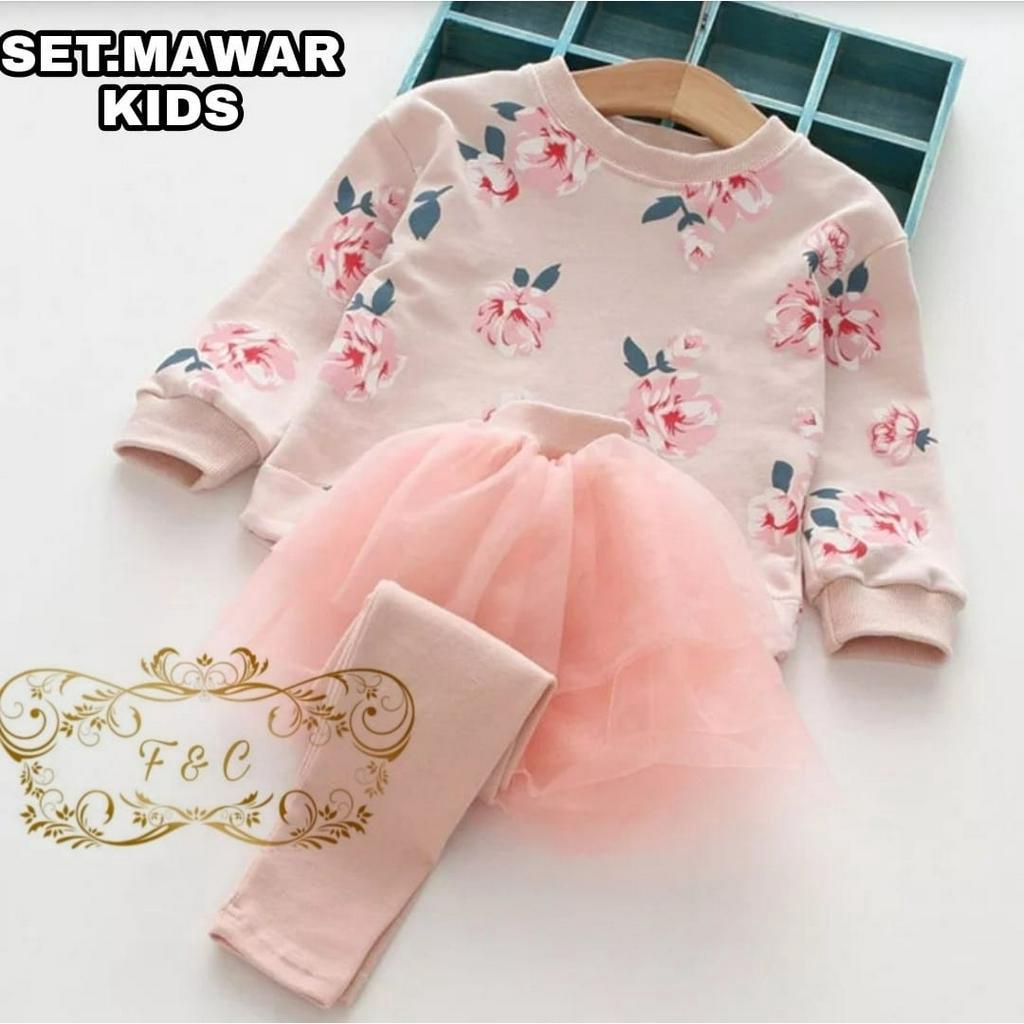 PCS SET MAWAR KIDS FASHION PAKAIAN ANAK PEREMPUAN SETELAN ATASAN DAN CELANA BAHAN BABYTERRY FE