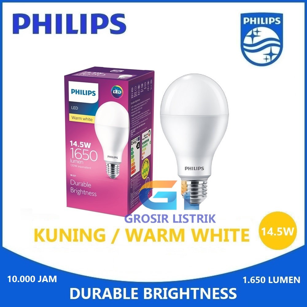 Lampu Philips LED 14.5W Kuning Warm White 3000K (14.5 Watt 14,5W 14.5Watt) LEDBulb Original Grosir