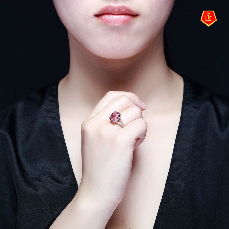 [Ready Stock]Fashion Inlaid Pink Diamond Tourmaline Ring Elegant Graceful