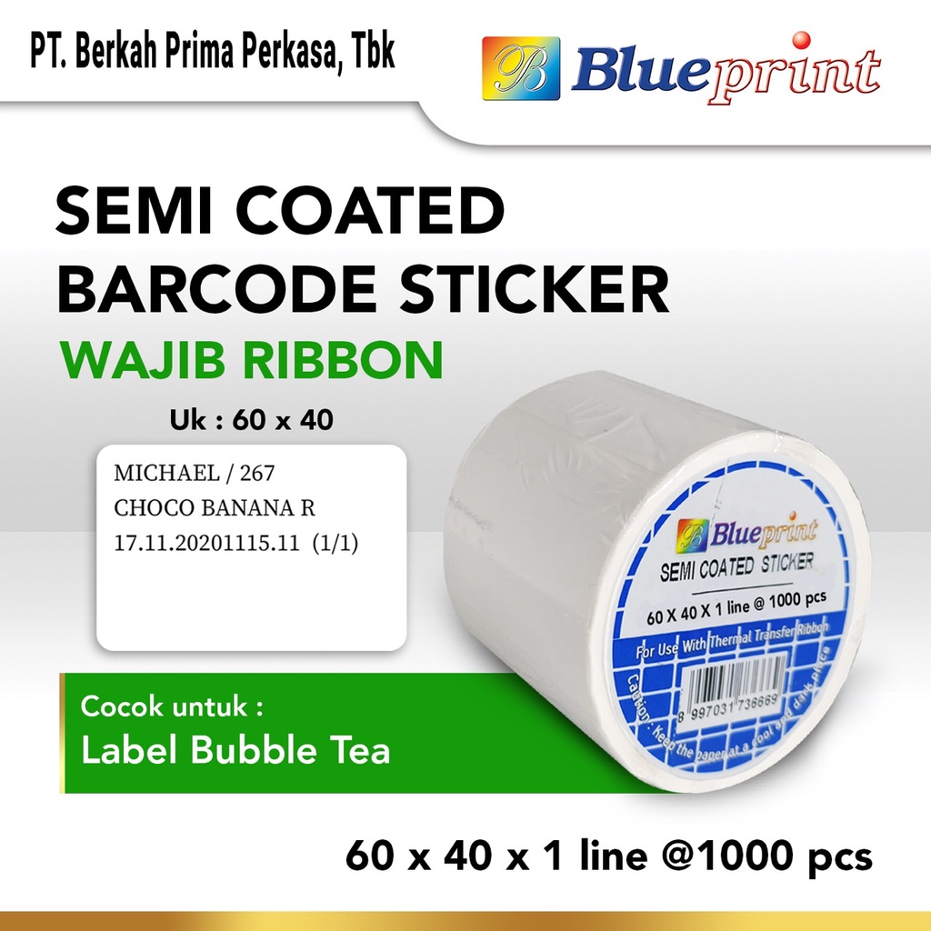 

Sticker label Barcode Semicoated 60x40 mm BLUEPRINT 60 x 40 isi 1000Pcs - 1 Roll