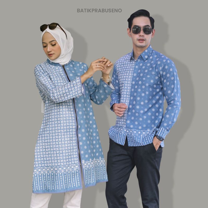 Prabuseno Atasan Kemeja Tunik Batik Katun Kombinasi Kerja Anggun Warna Biru Couple Pria Wanita Baju 