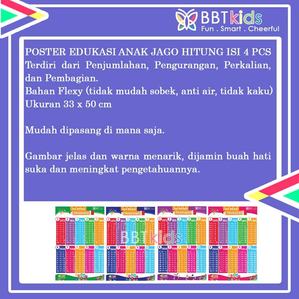 POSTER EDUKASI ANAK JAGO BERHITUNG PERTAMBAHAN PENGURANGAN PERKALIAN PEMBAGIAN MATEMATIKA