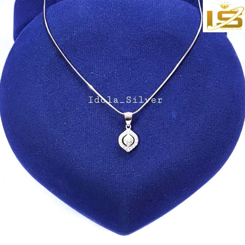 KALUNG PERAK ASLI SILVER WANITA 925 LAPIS EMAS PUTIH MODEL LIONTIN OVAL PERMATA+BULAT PERMATA - PERHIASAN PERAK WANITA ASLI