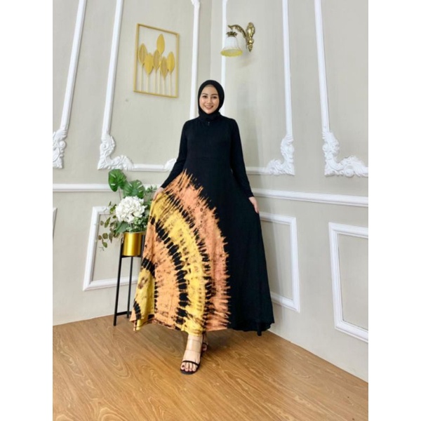 Gamis Kaos Jumbo Black Tiedye CASANOVA Bumil Busui Resleting Depan Lengan Panjang Homedress Wanita Kekinian Terbaru