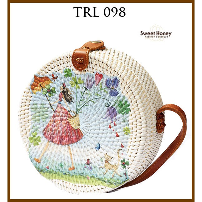 Sweet Honey ~ Grosir Tas Rotan Bulat Murah Lukis Decoupage Peri Dongeng Fairytale TRL098 [Bisa COD]