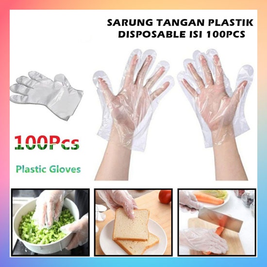 Sarung Tangan Plastik Isi 100Pcs Disposable Plastic Gloves Sekali Pakai Bening Polos Transparent