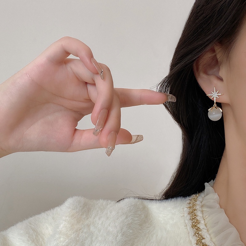 Anting S925 Silver Needle Bentuk Bintang Opal Gaya Korea Untuk Wanita