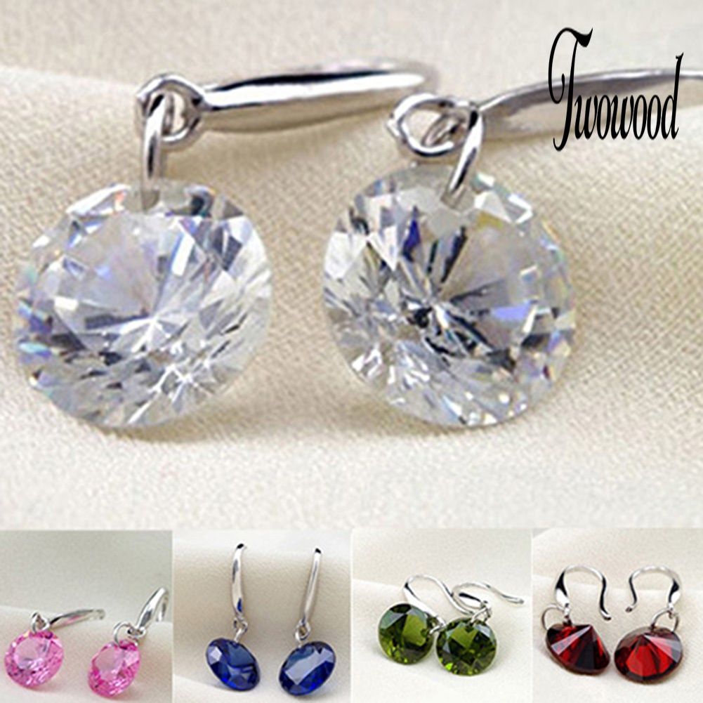 Anting Hook Silver Plated Bentuk Bulat Aksen Berlian Imitasi Untuk Wanita