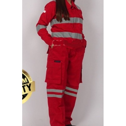 SETELAN BAJU SAFETY MERAH KANCING