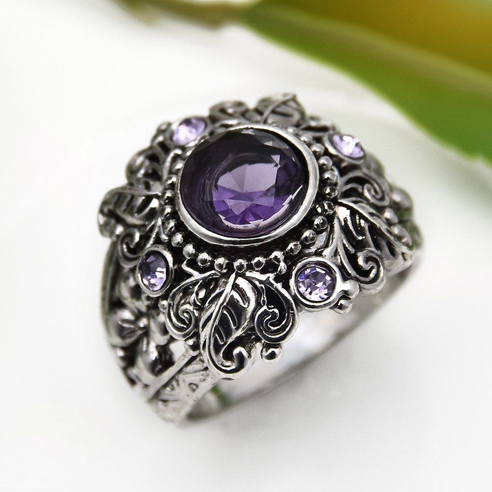 Hu Hu Hu Hu Hu Alat Bantu Pasang Kacamata♡ Cincin Wanita Desain Ukiran Bunga Hias Amethyst Imitasi Bentuk Bulat Gaya Vintage Untuk Hadiah
