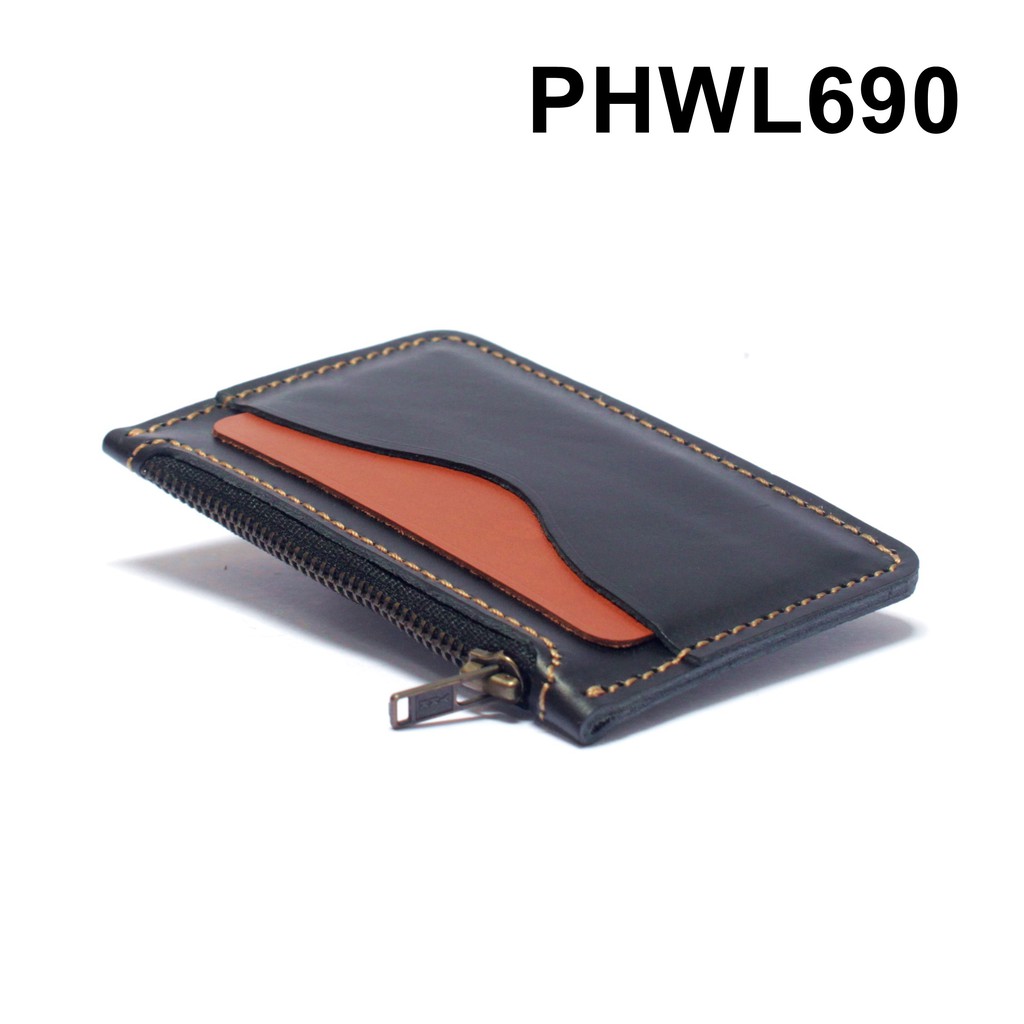 dompet kartu zipper resleting kulit asli hitam tan - PHWL690