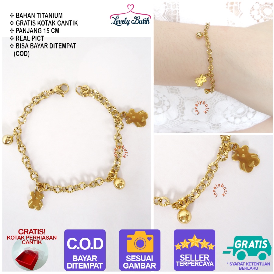 Lovelybutik Gelang Anak Titanium Anti Karat  Aksesoris Wanita Fashion Teddy Bear Kecil Bonus Kotak