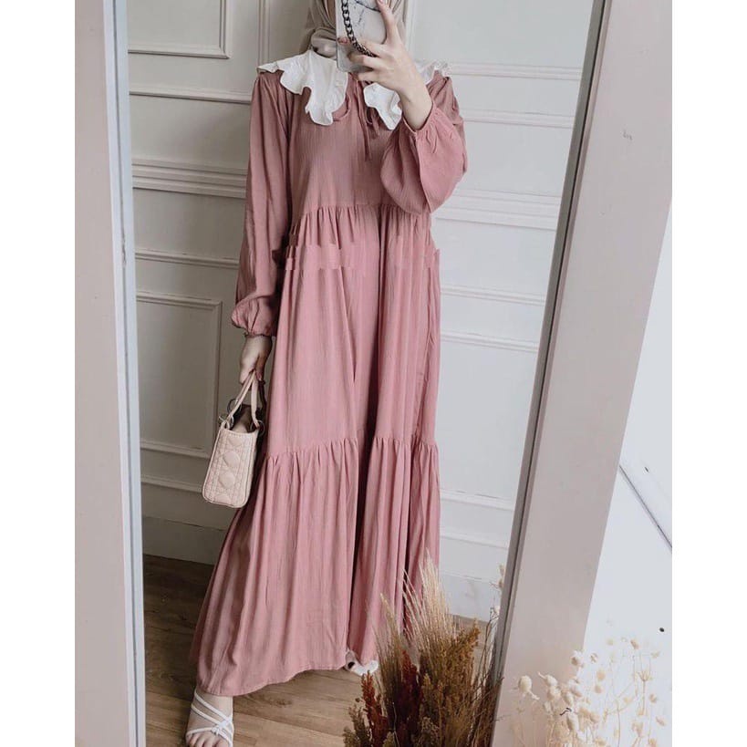 BEFAST - ZEC OOTD Wanita Dress NIKO / Zakiya Collar Cute Combine Maxi Dress / Pakaian Dress Maxi / Dress Wanita Muslimah / Dress Jumbo / Fashion Wanita Casual / Formal / Termurah / Dress Polos Lengan Panjang