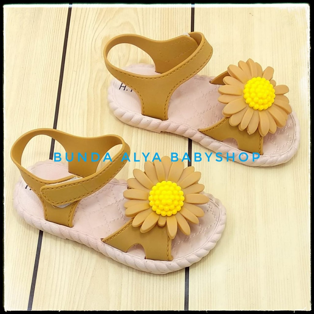 Sendal Anak Perempuan IMPORT Usia 3 4 Tahun COKLAT Elastis - Sepatu Sandal Slop Anak Cewek Lentur Bunga Kuning Alas Karet Anti Licin