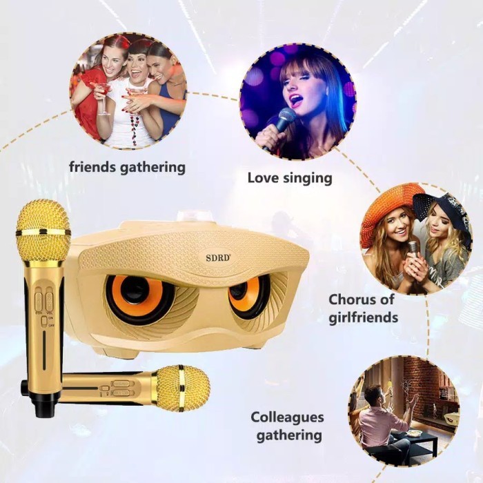 Speaker SDRD 306 Bluetooth Wireless Speaker Karaoke Merek SDRD 306 ORI 100%  Dual Microphone Wireless SDRD SD306 Mata Elang Motif OWL dapat 2 microphone duet karaoke