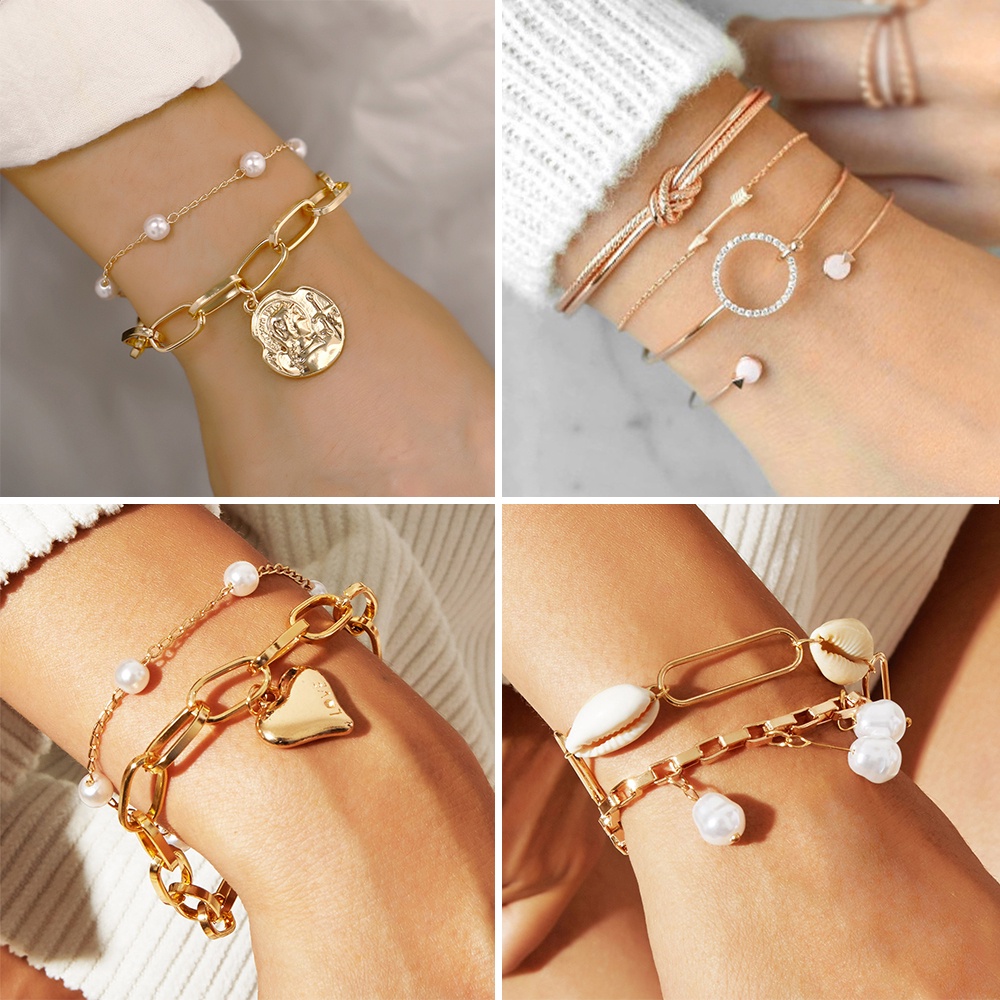 YEEZII 4Pcs/Set Korean Pearl Multilayer Pendant Bracelet Set Retro Butterfly Snake Lock Gold Choker Chain Bracelet for Women Accessories Jewelry Gift