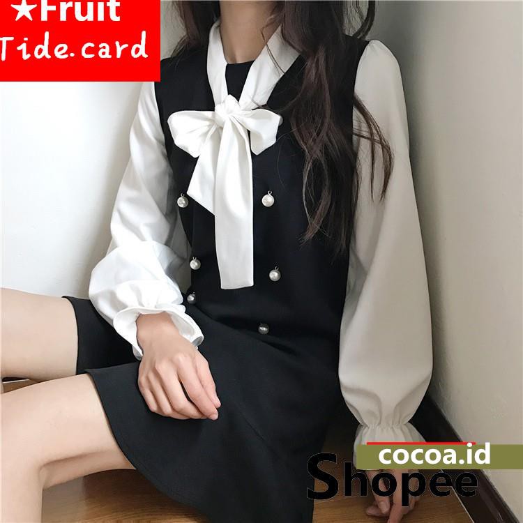 Dress Retro Chic Elegan Lengan Panjang Desain Sambungan Aksen Simpul Pita Gaya Korea untuk Wanita