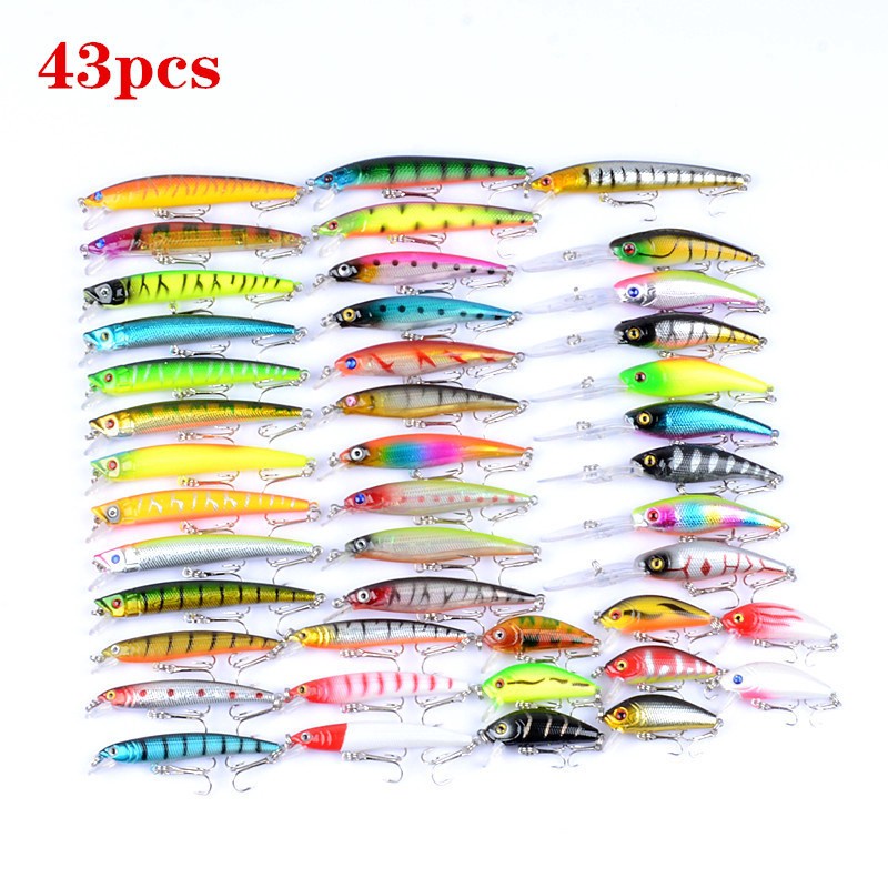 43 Pcs / Lot Umpan Pancing Hard Bait Bentuk Ikan Imitasi 43 Warna Campur