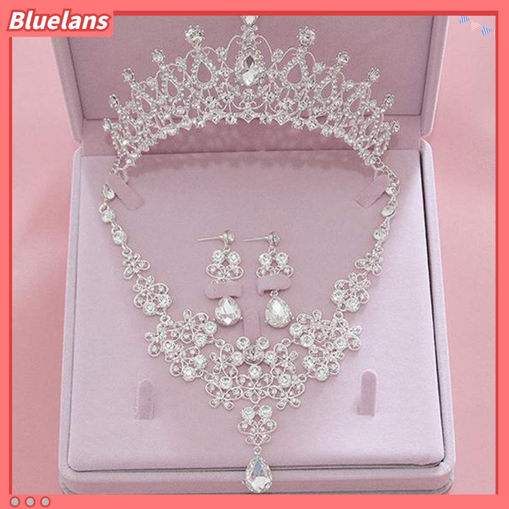 Bluelans 3Pcs Rhinestone Butterfly Necklace Crown Earring Bridal Wedding Jewelry Gift