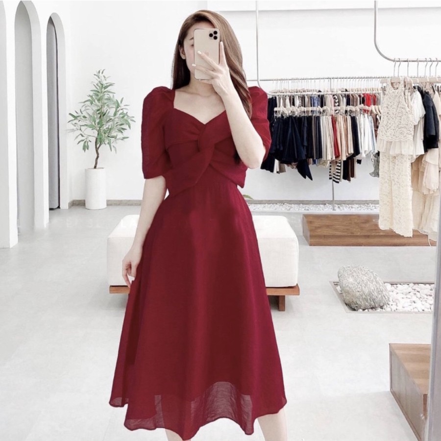 CASUAL OFFICE MIDI PARTY DRESS WITH FURING KOREAN STYLE NEW ARRIVAL