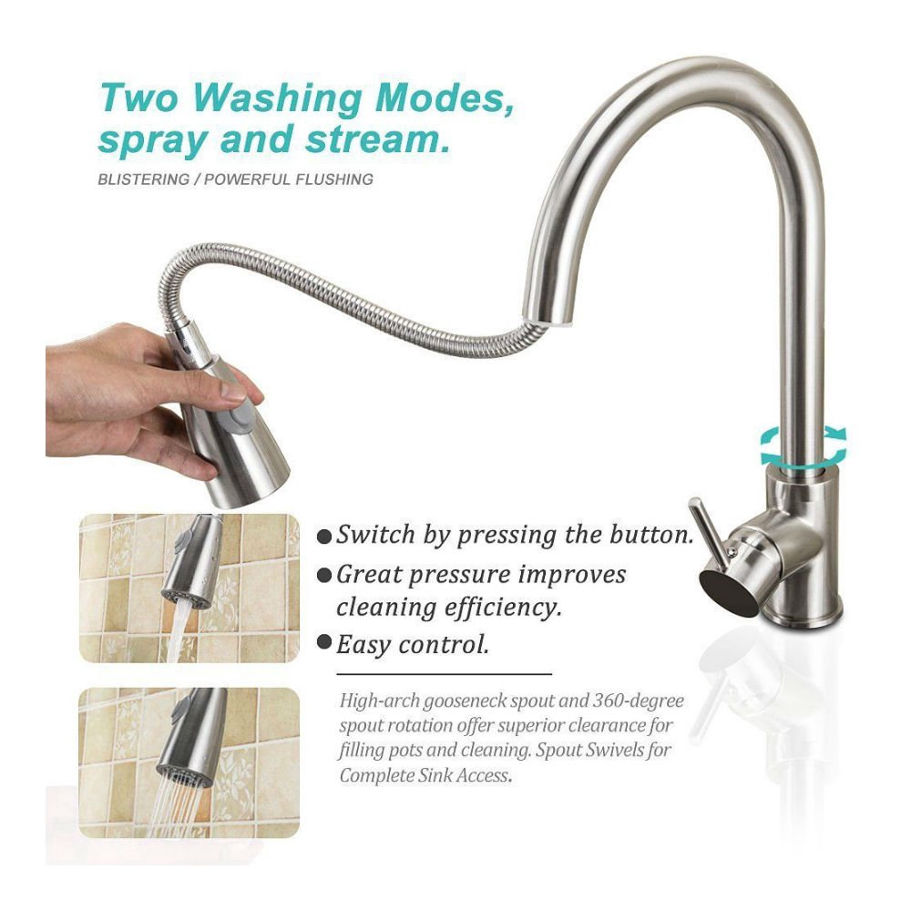 Brushed Nickel Kitchen Faucet Pull Out Sprayer Single Hole Swivel