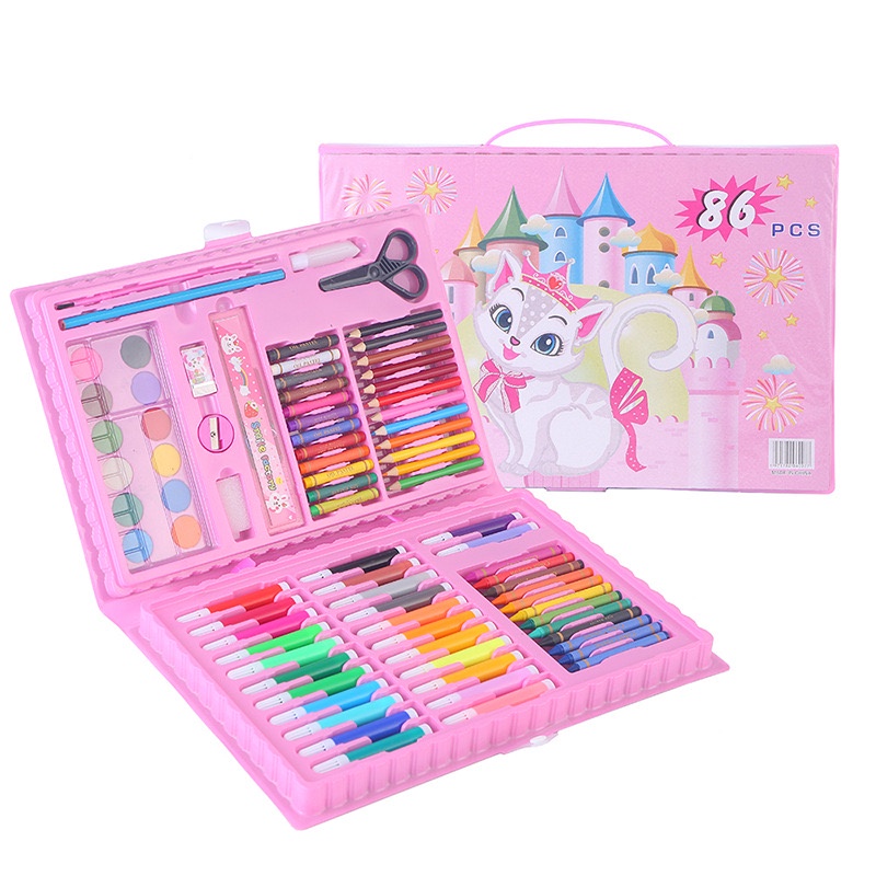 Stationary Set isi 86 pcs Pensil Crayon Warna Cat Air / Perlengkapan Sekolah Menggambar Anak / Alat Warna-PINK 86pcs