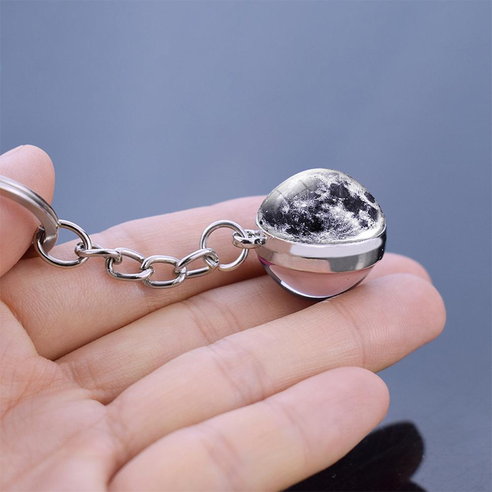 QUINTON Planet Keyring Hadiah Ulang Tahun Matahari Double Side Galaxy Moon Glass Ball Luminous