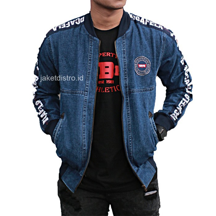 [BAYAR DI TEMPAT/COD]  Jaket Jeans Pria Bomber Jeans Taping Rocafela Original