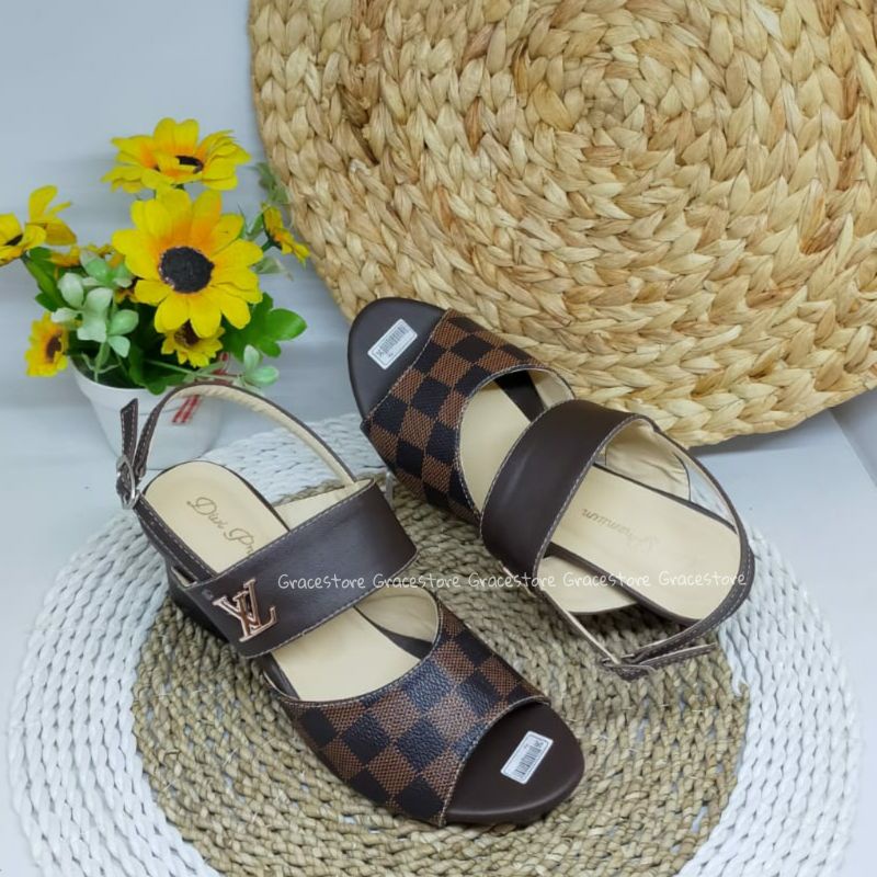 Sandal Tali belakang elvi damier hak tahu High heels cokelat Heels wanita  Pd318