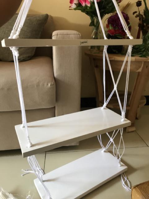 Rak Dinding Gantung Pot Tanaman 3 Susun Putih Tali Putih Minimalis