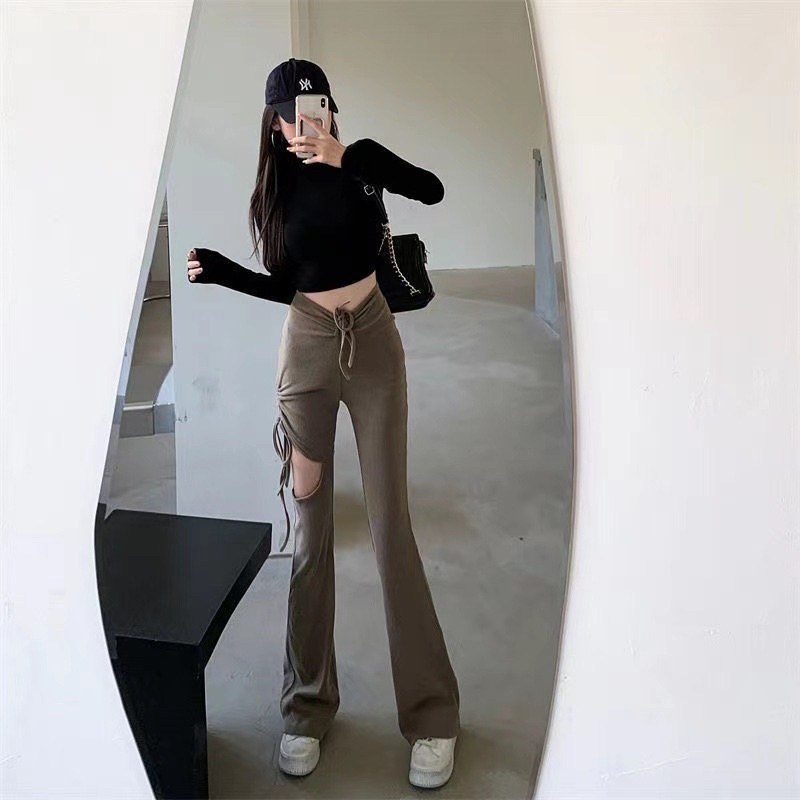 H7 cp1/27 New fashion Long pants cutbray highwaist korean style import / Celana panjang wanita pinggang tinggi tali serut  variasi bolong paha