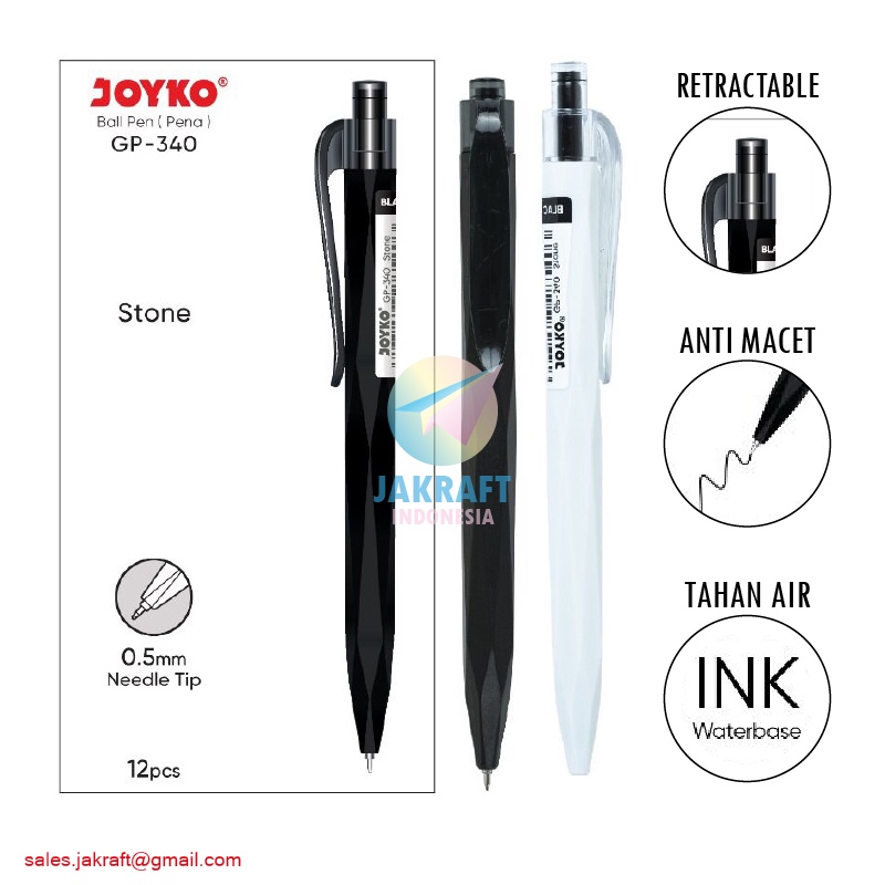 

(12 Pcs) Pulpen Gel Pen Klik JOYKO GP-340 STONE Hitam Black 0.5 mm Needle Tip Anti Macet Luntur