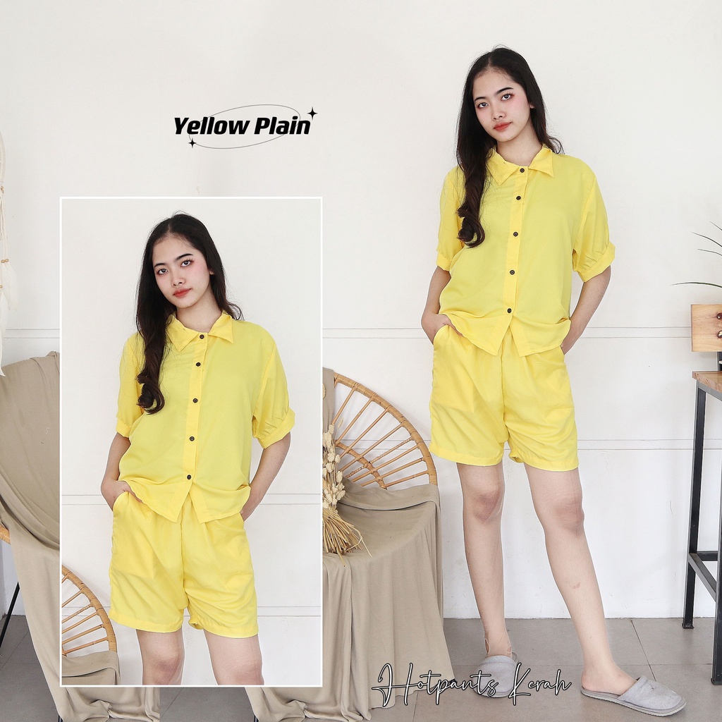 IZANY Piyama Dewasa Hotpant Lengan Balon / HP / Set Celana Pendek Dewasa banyak varian RAYON-YELLOW PLAIN SA