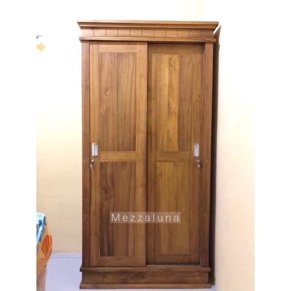 LEMARI KAYU JATI DUA PINTU SLEDING / LEMARI MINIMALIS KAYU JATI